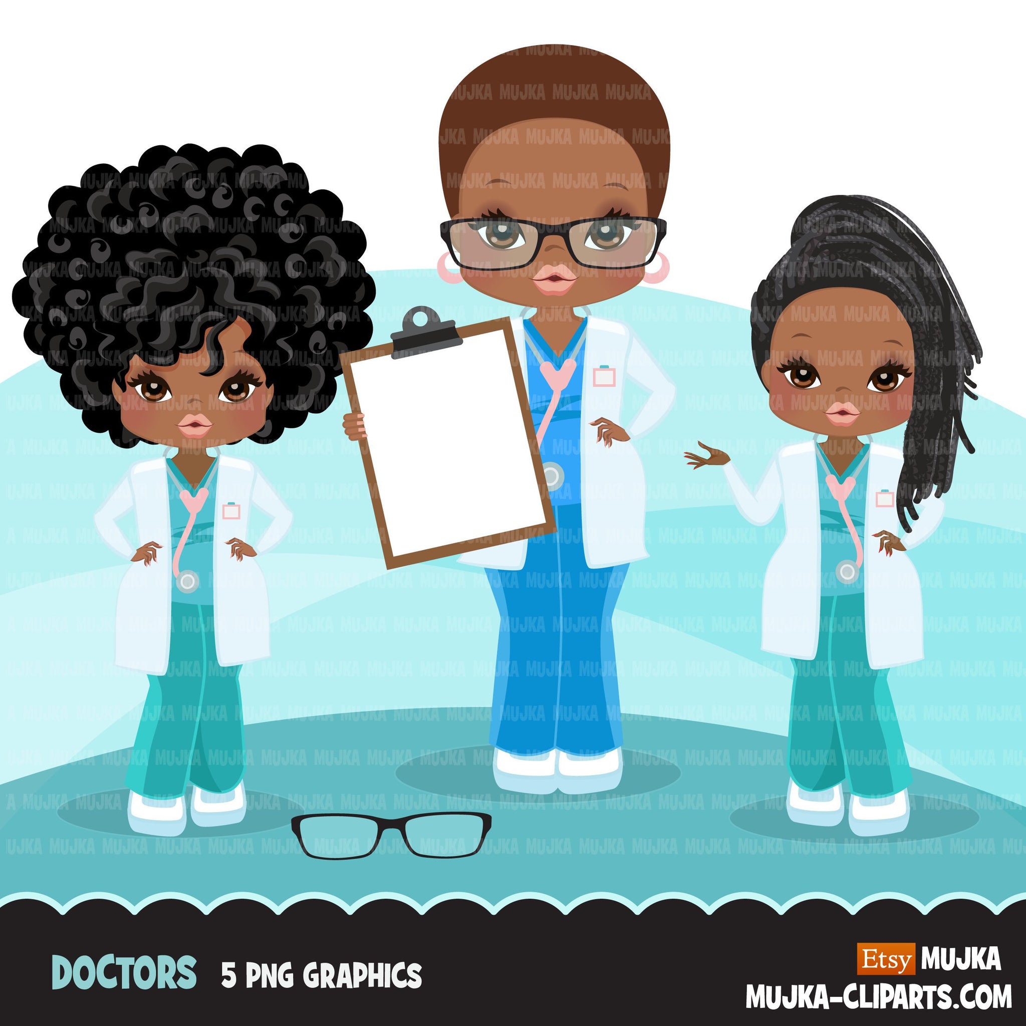 Afro Doctor clipart with scrubs , patient chart graphics, print and cut PNG T-Shirt Designs, Medical clip art, black woman