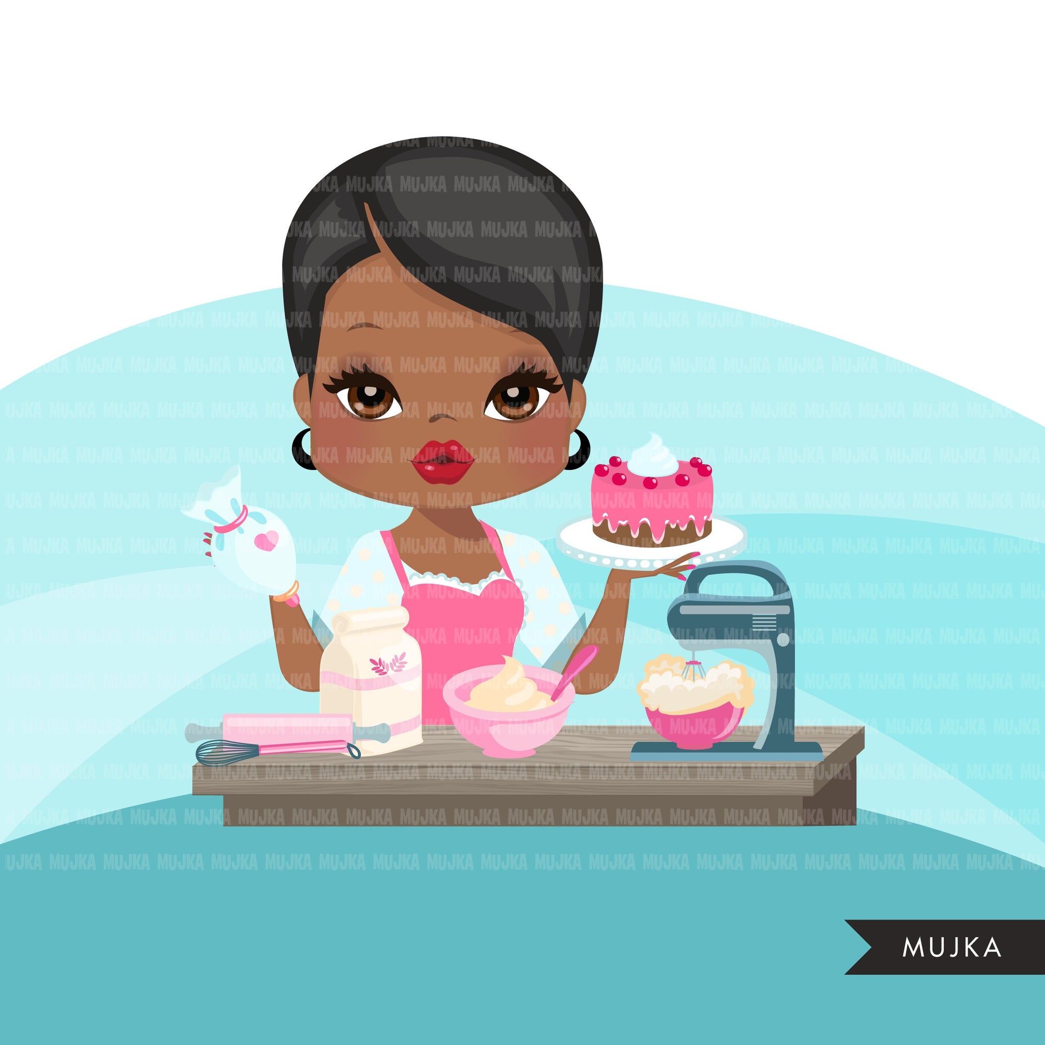 Afro Woman baker avatar clipart with baking supplies, print and cut, baking black girl clip art