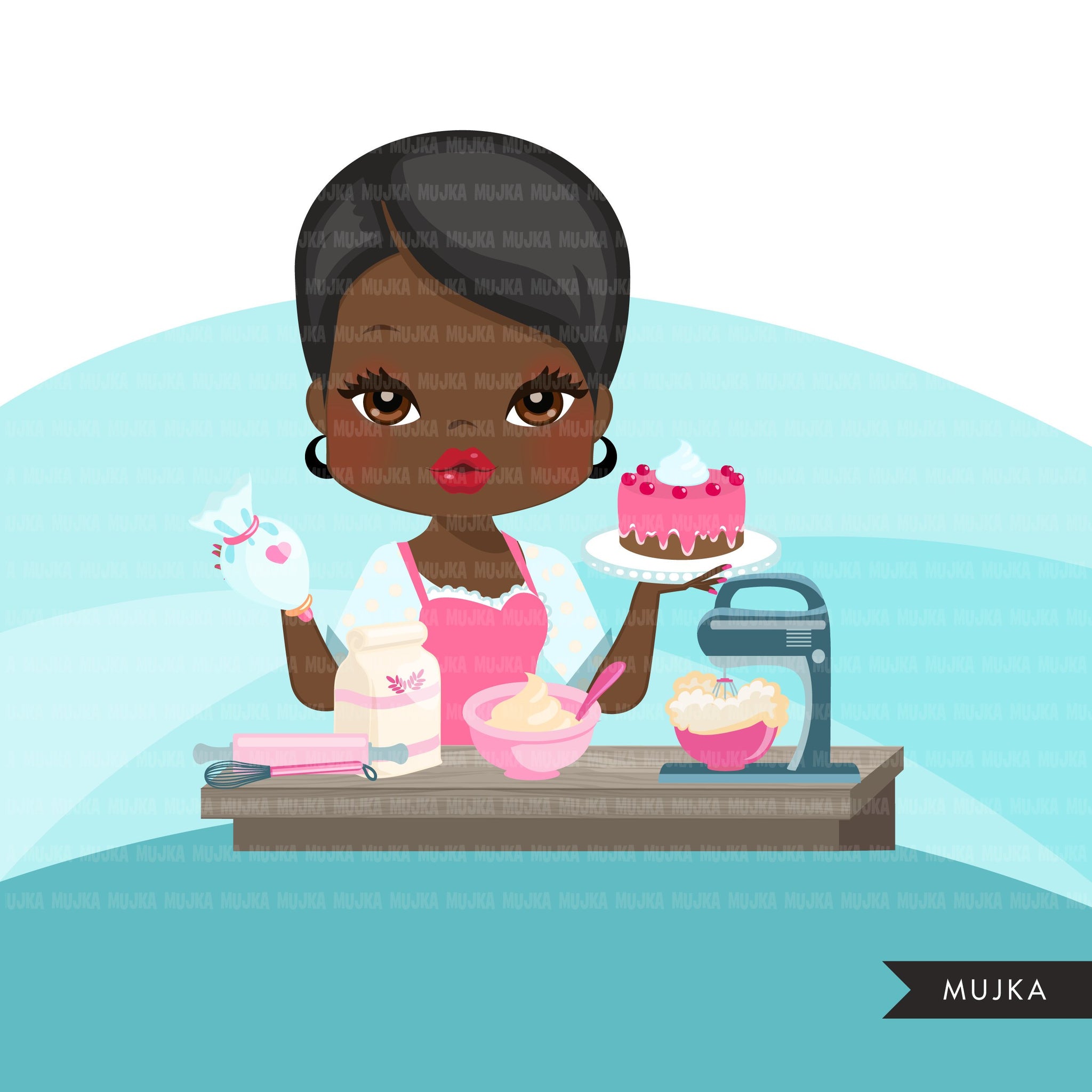 Afro Woman baker avatar clipart with baking supplies, print and cut, baking black girl clip art