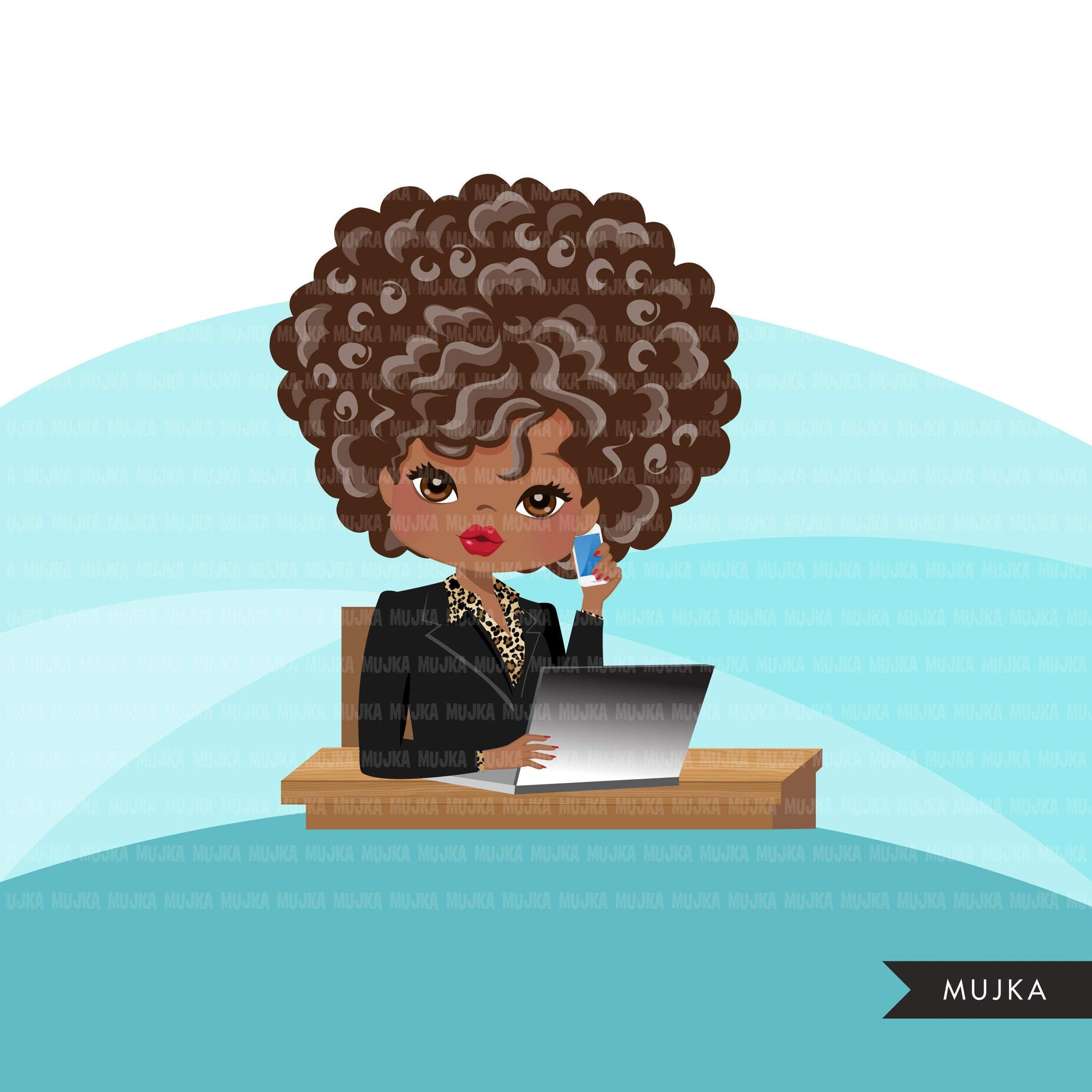 Afro Woman business avatar clipart with laptop and cellphone, print and cut, business boss black girl clip art