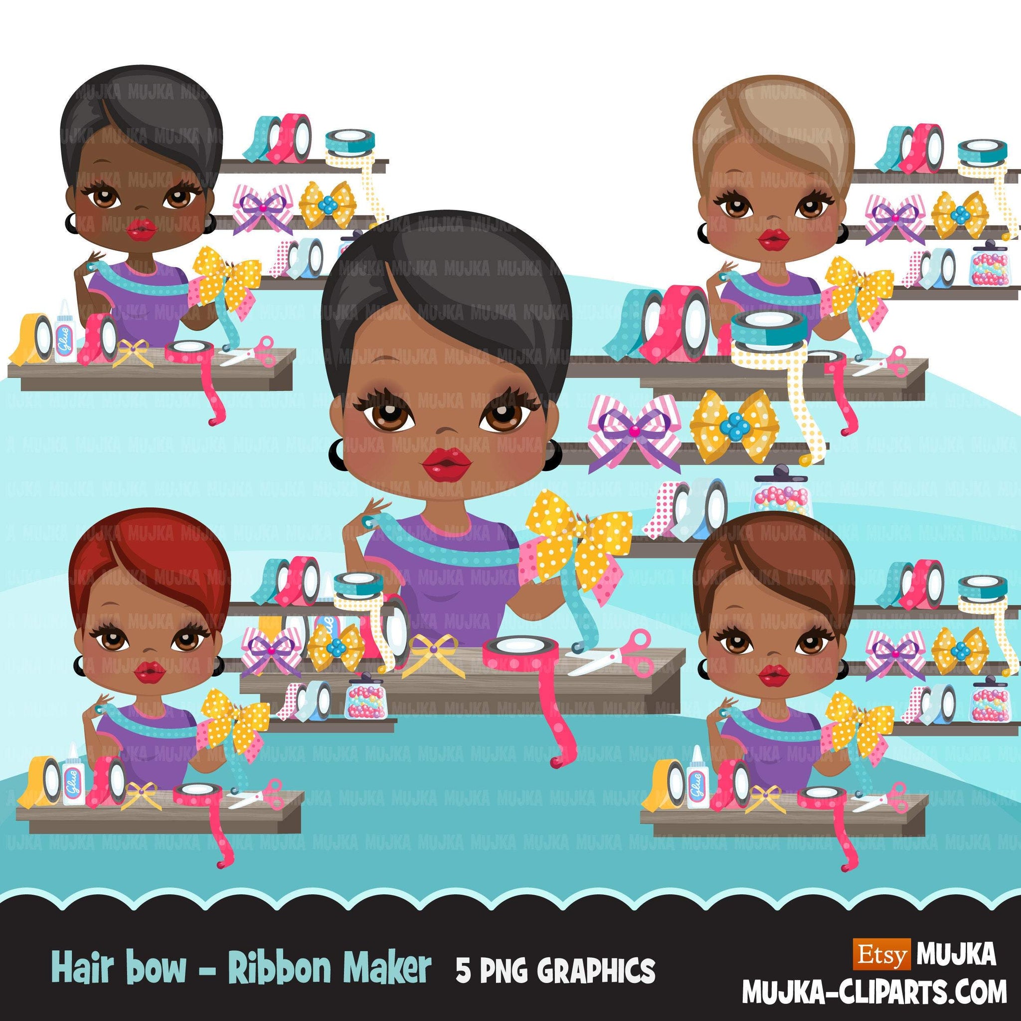 Afro Woman hair bow maker avatar clipart with ribbons, print and cut, bow maker boss black girl clip art