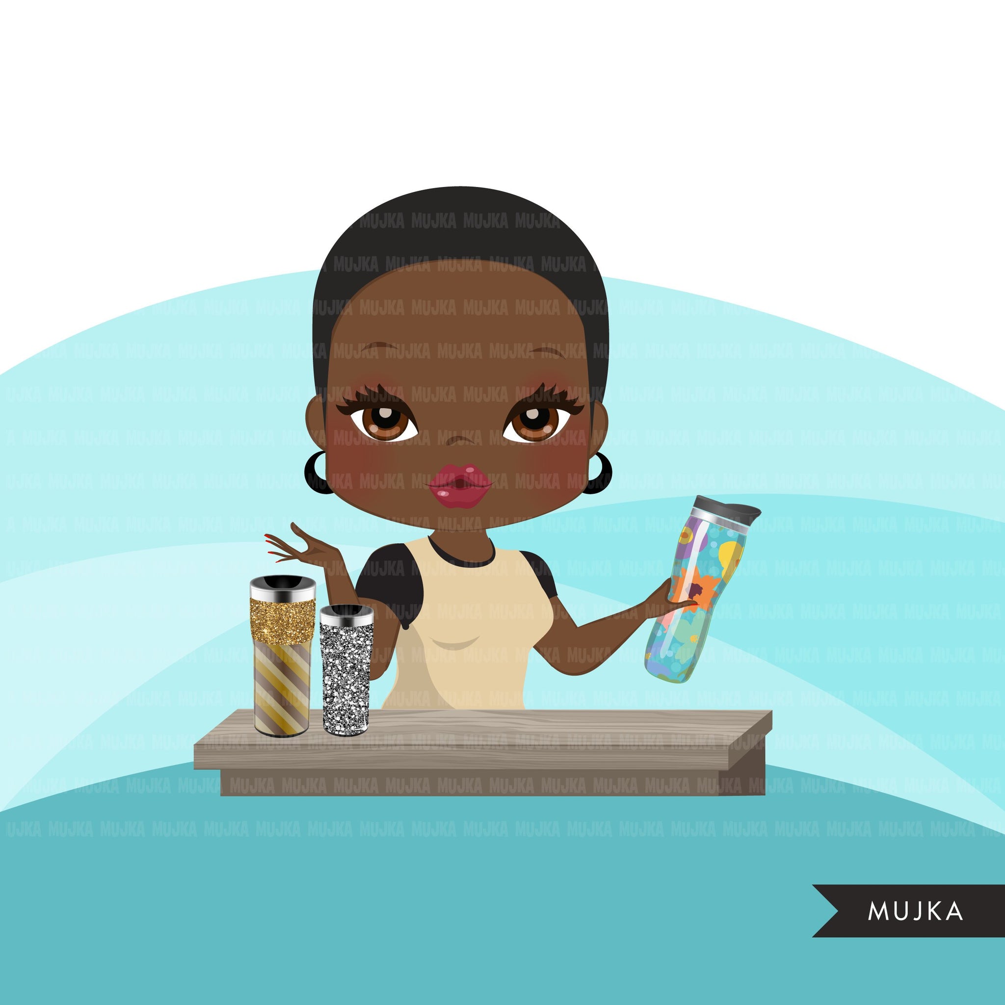 Afro Woman tumbler designer avatar clipart with glitter tumblers, print and cut, crafty maker boss black girl clip art