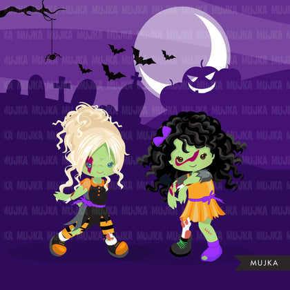 Halloween zombie kids clipart 2 Cute zombies, grave, rip, brains graphics Halloween party clip art, boys girls