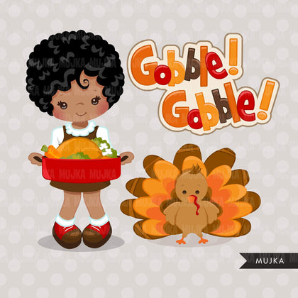 Thanksgiving Clipart, black afro thanksgiving graphics with gobble gobble Turkey and fall, boy and girl