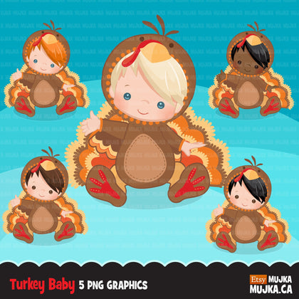 Baby turkey clipart, Thanksgiving costume baby shower graphics, planner stickers, birthday party, african american, farm animal