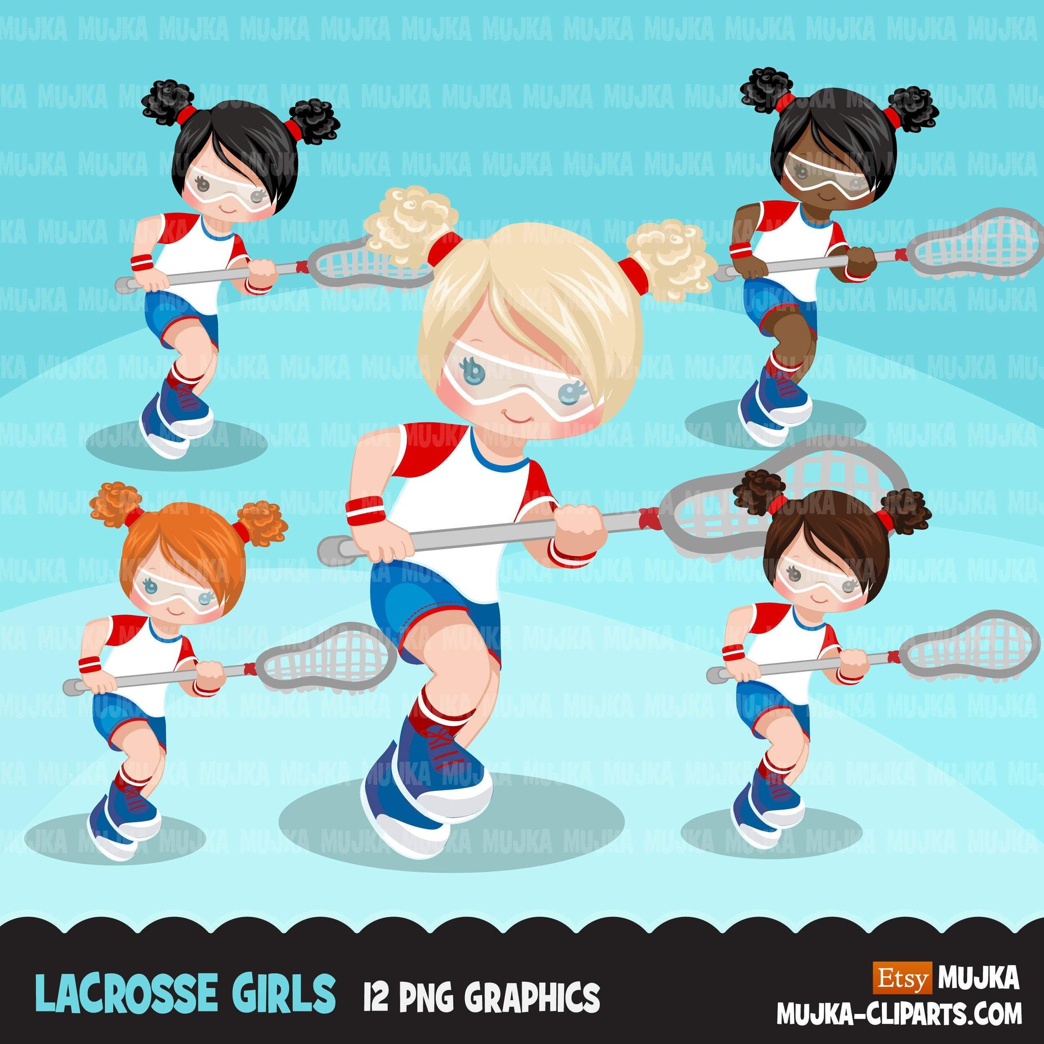 Lacrosse Clipart graphics, girls lacrosse player characters, stickers, commercial use, school activity clip art