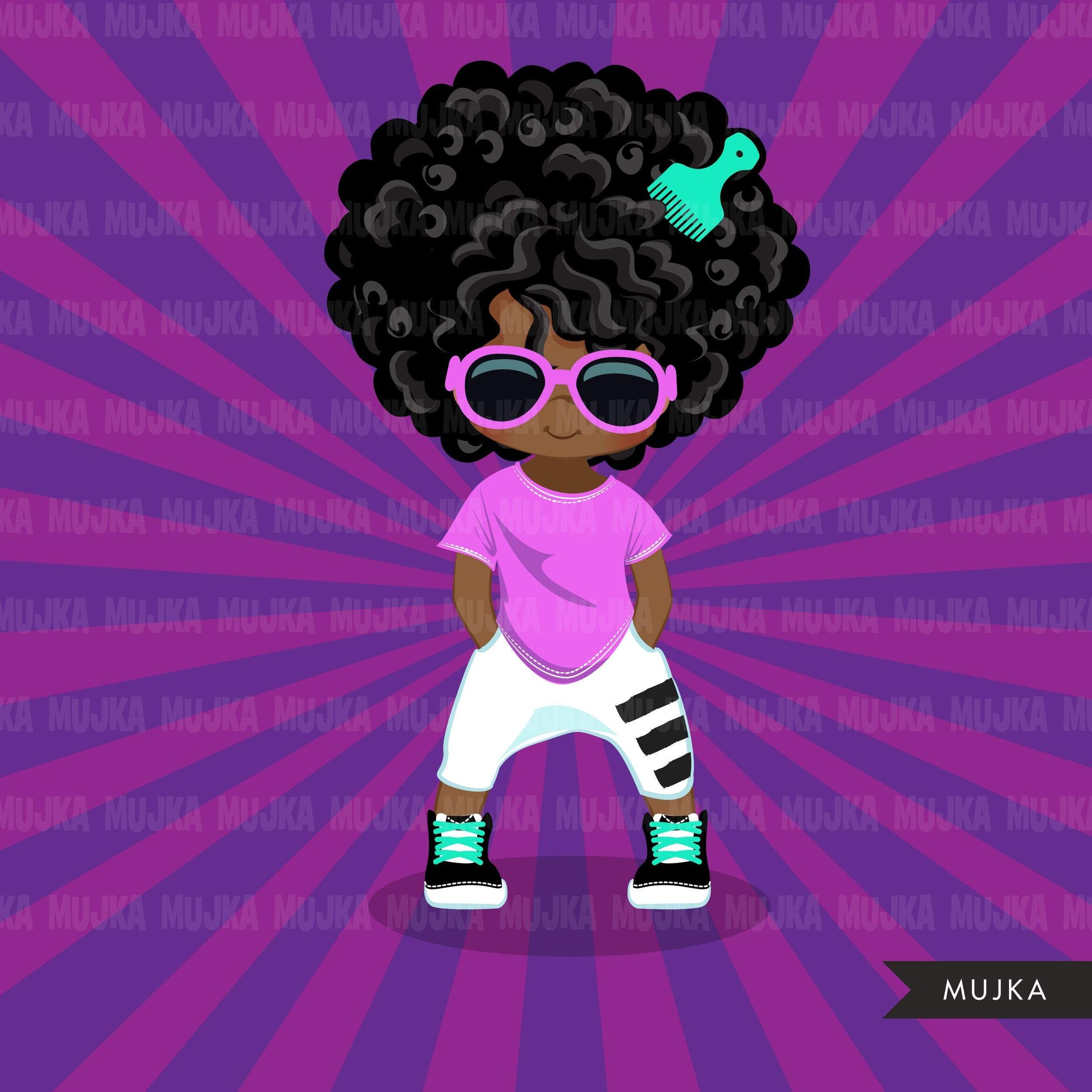 Afro black Hip hop dancer girls clipart, break dance, rapping characters, card making, planner stickers, embroidery, African American clip art