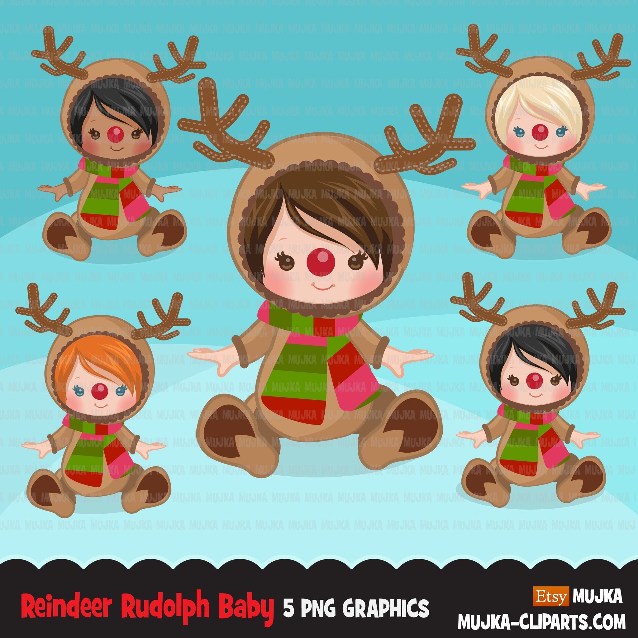Reindeer Rudolph Baby clipart, reindeer Christmas costume baby shower graphics, card making, birthday party, african american baby, animal clip art
