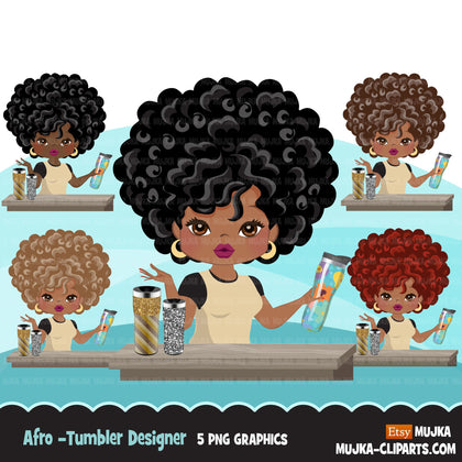 Afro Boss Woman tumbler designer avatar clipart with glitter tumblers, print and cut, crafty maker boss black girl clip art