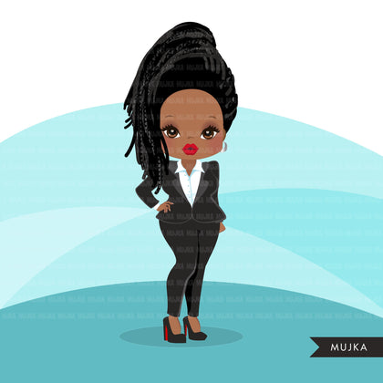 Afro black woman clipart with business suit, briefcase and glasses African-American graphics, print and cut T-Shirt Designs, Black Girls clip art