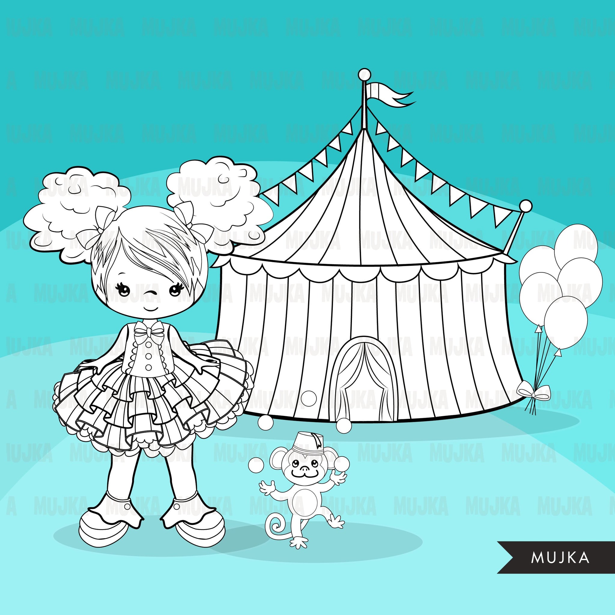 Circus Digital Stamps Big top carnival graphics, amusement park, elephant, monkey, magic show, birthday party, B&W clip art outline