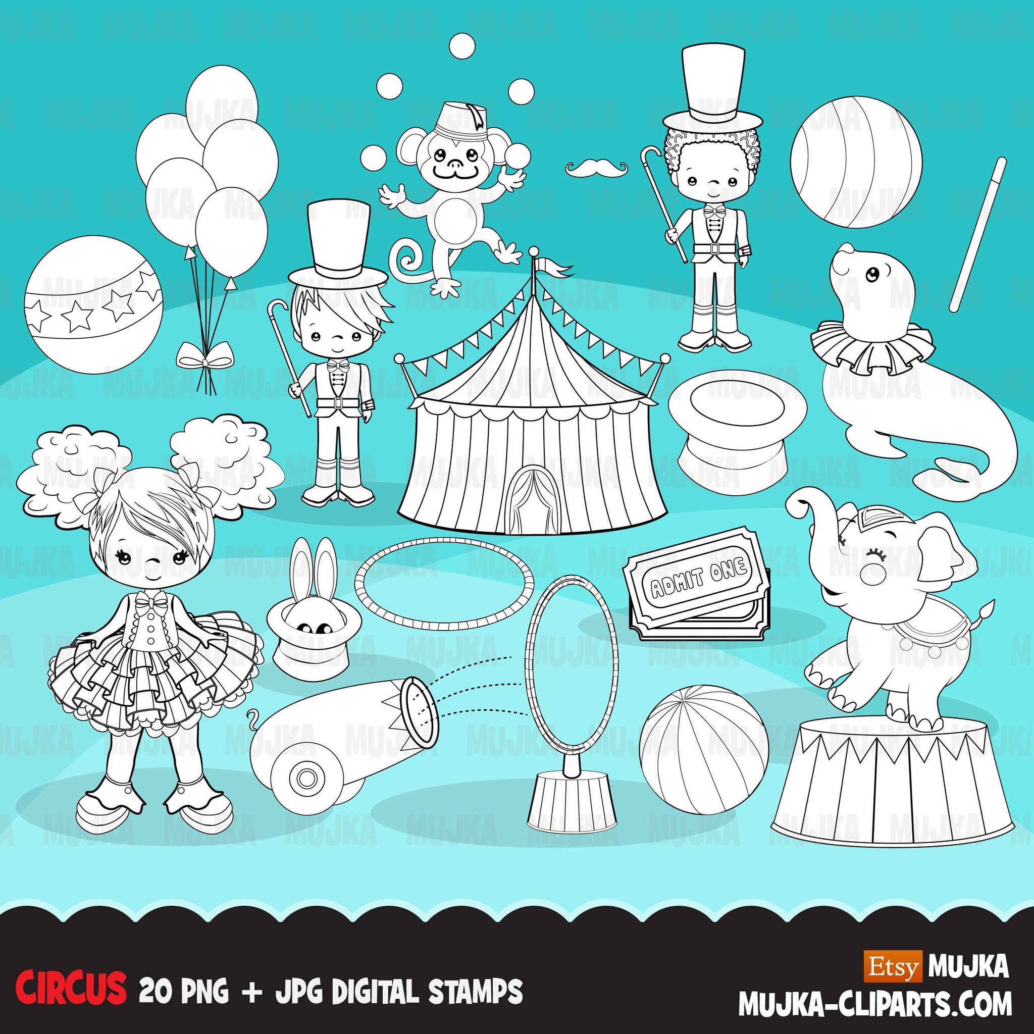Circus Digital Stamps Big top carnival graphics, amusement park, elephant, monkey, magic show, birthday party, B&W clip art outline