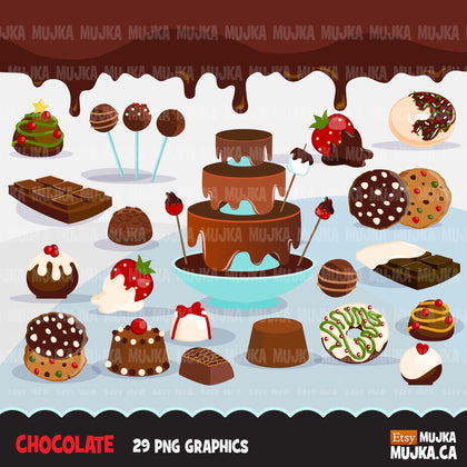 Chocolate Clipart, fountain, marshmallow, truffles, donuts, cookies and dripping border clip art graphics