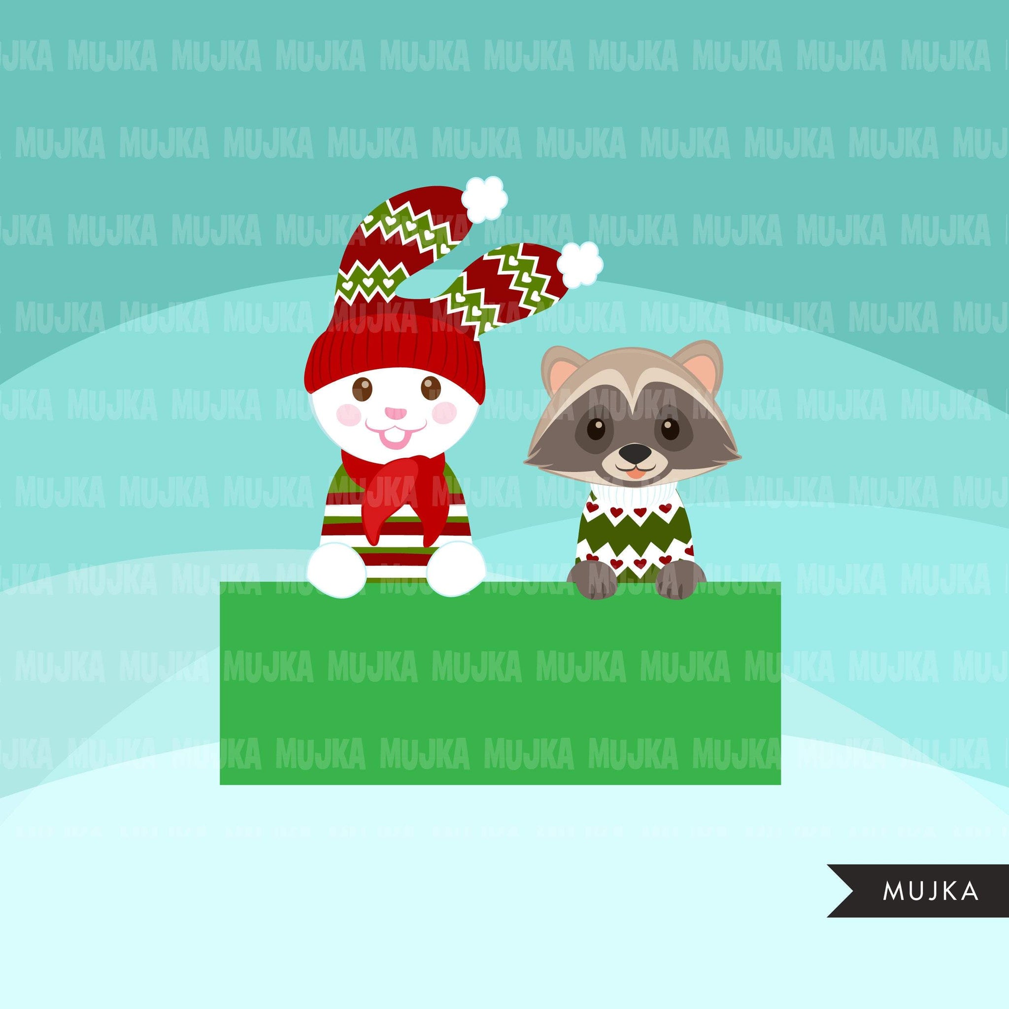 Christmas animals clipart, cute noel graphics, bunny, racoon, fox, bear, reindeer, hippo clip art