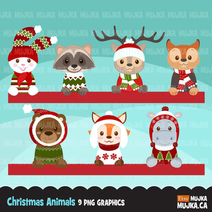 Christmas animals clipart, cute noel graphics, bunny, racoon, fox, bear, reindeer, hippo clip art
