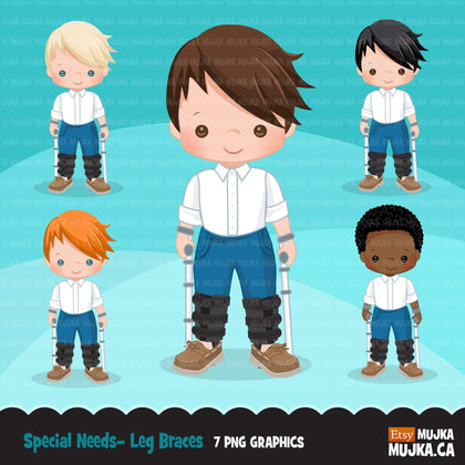 Special Needs leg braces clipart, disability, boy characters with walkers, african american, card making, planner stickers, disable clip art