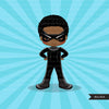 Meninos super-heróis negros Clipart fundo inicial e personagens fofinhos