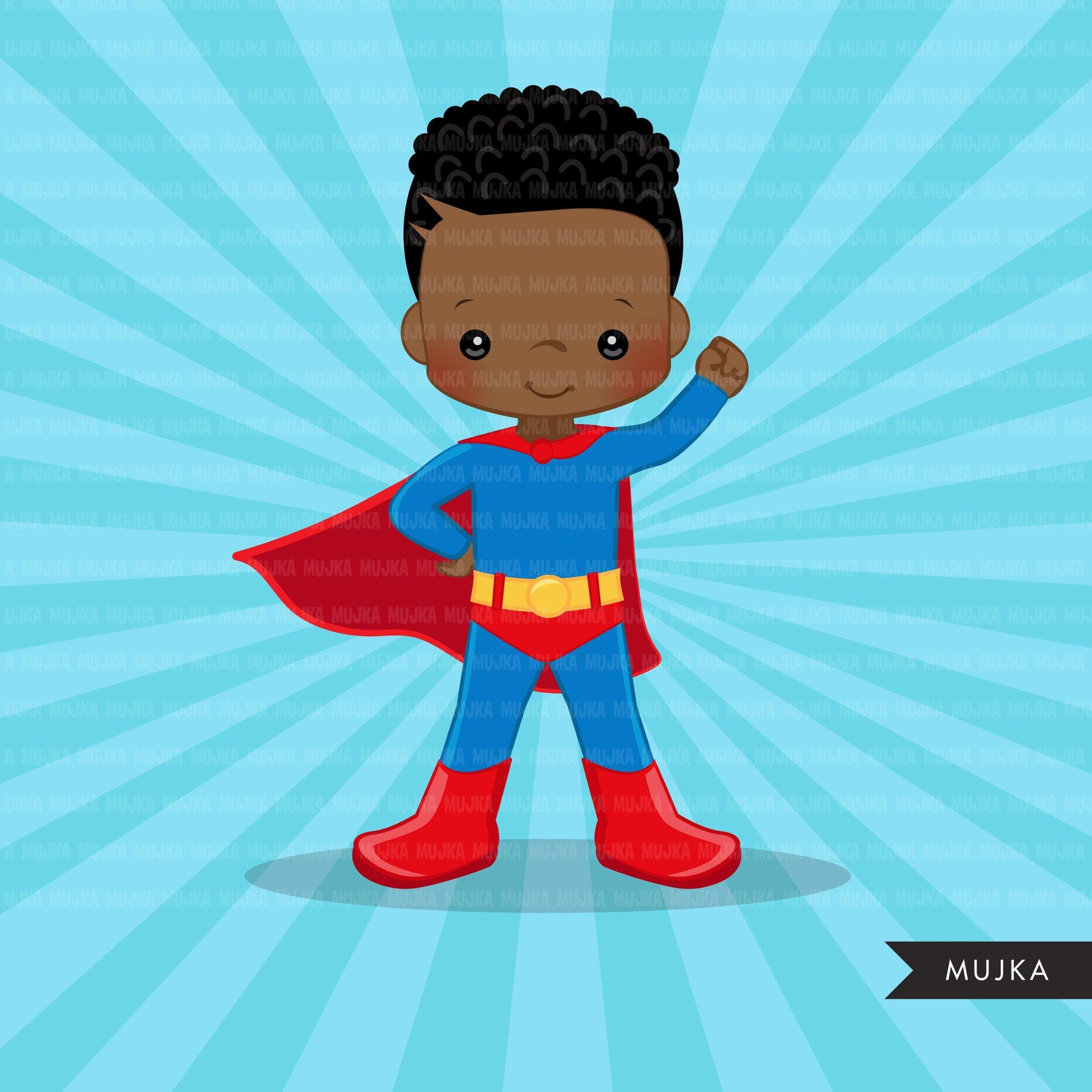 Black Superhero boys Clipart splash background & cute characters