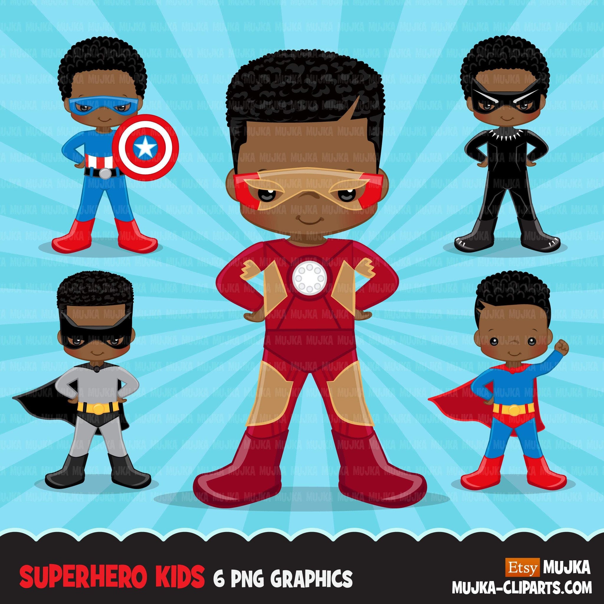 Meninos super-heróis negros Clipart fundo inicial e personagens fofinhos