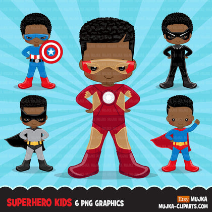 Black Superhero boys Clipart splash background & cute characters
