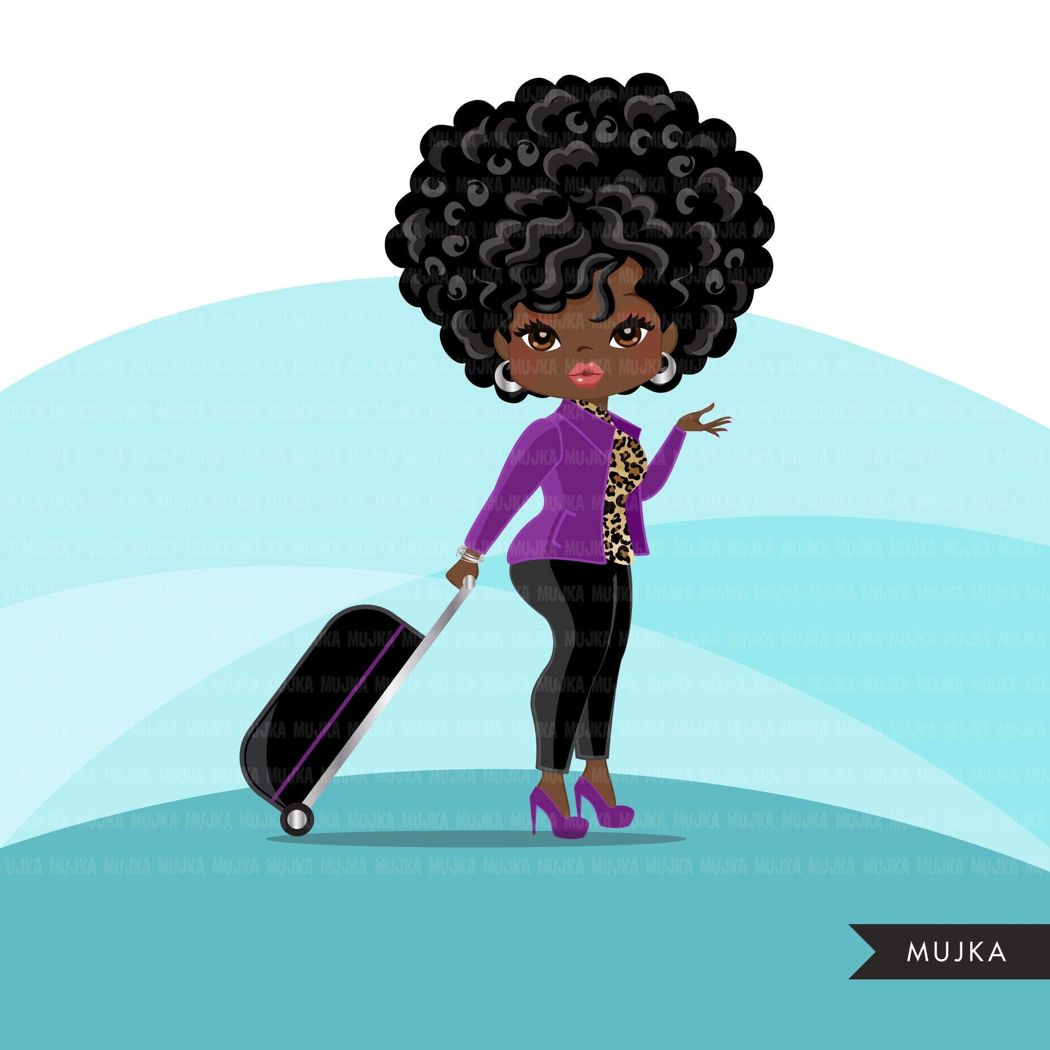 Avatar de imágenes prediseñadas de mujer negra viajera con maleta, impresión y corte, logotipo de la tienda jefe afro girl clip art gráficos de piel de leopardo púrpura