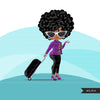Avatar de imágenes prediseñadas de mujer negra viajera con maleta, impresión y corte, logotipo de la tienda jefe afro girl clip art gráficos de piel de leopardo púrpura