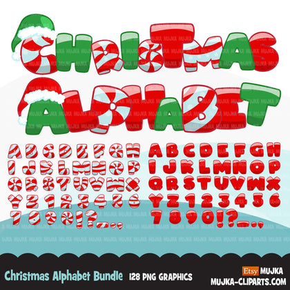 Christmas Alphabet Clipart, red, stripe green letters cute PNG graphics, Candy cane santa hat