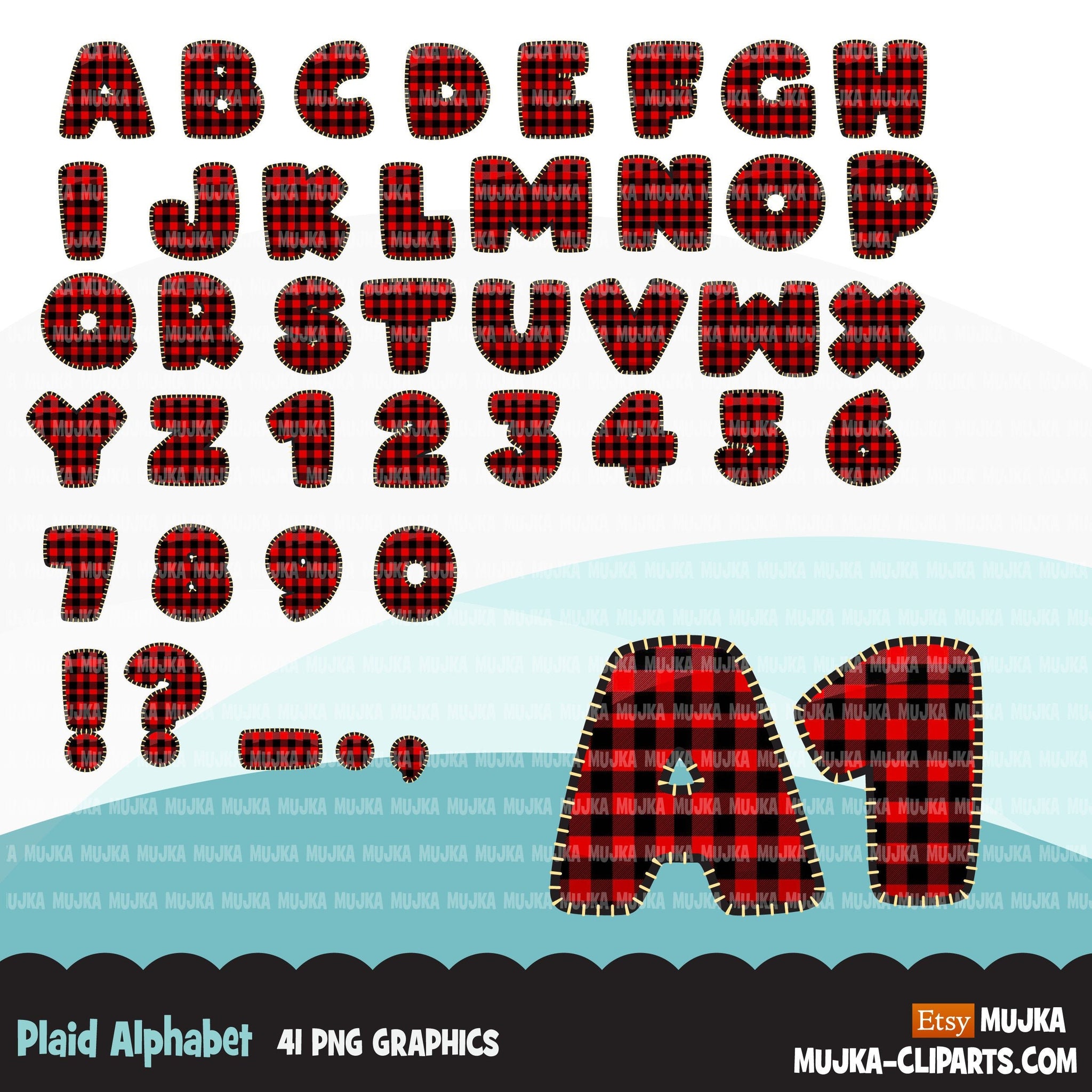 Christmas Plaid Alphabet Clipart plaid letters and numbers cute Christmas PNG graphics, stitched outline