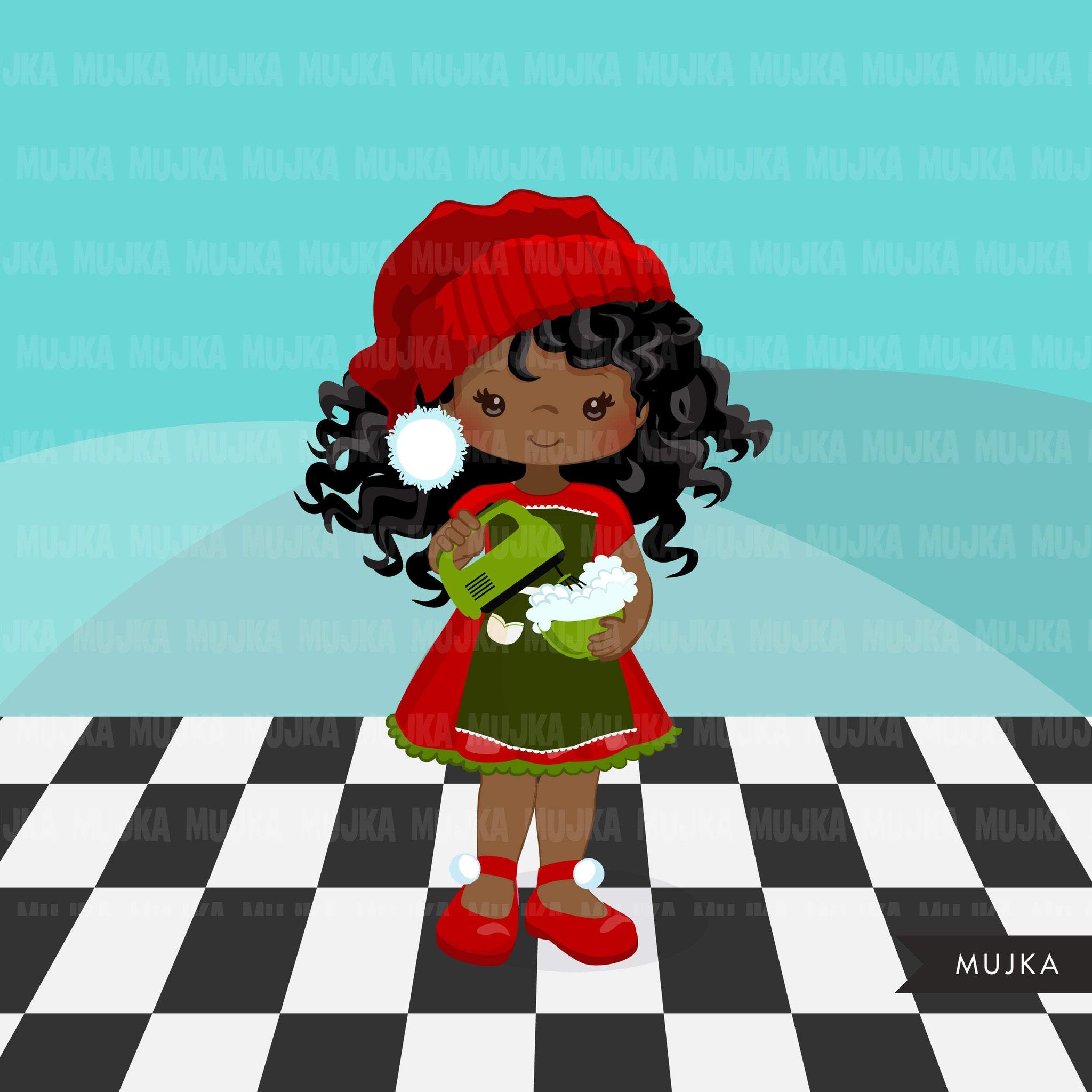Christmas Baking Clipart, Cute black afro girl baker characters, kitchen baking party, rolling pin, mixer graphics, baking fun clip art