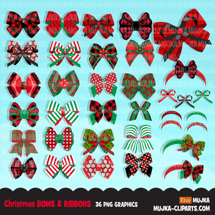 Christmas Hair bows and ribbons clipart, Hair tie, polka dots, plaid ribbon graphics, commercial use hair accessories, hair band