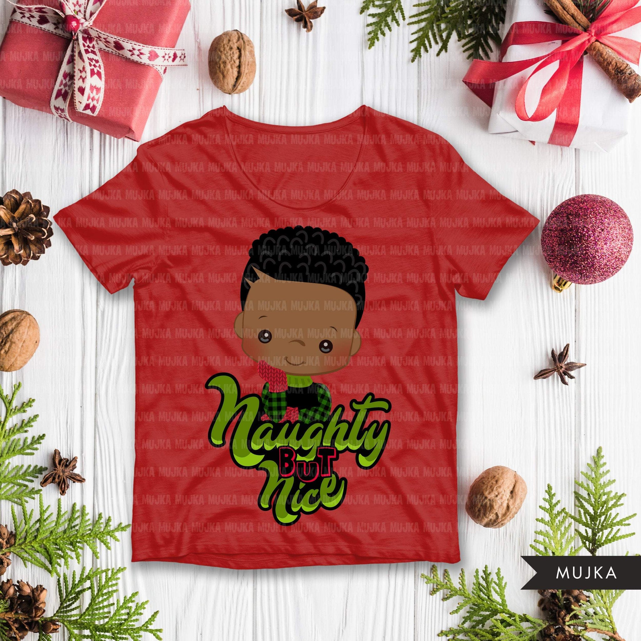 Natal PNG digital, Naughty and Nice Printable HTV sublimation image transfer clipart, camiseta Afro black boy graphics