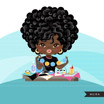 Afro black woman crafter avatar clipart with scrapbooking graphics African-American girl, print and cut T-Shirt Designs, Black Girls clip art
