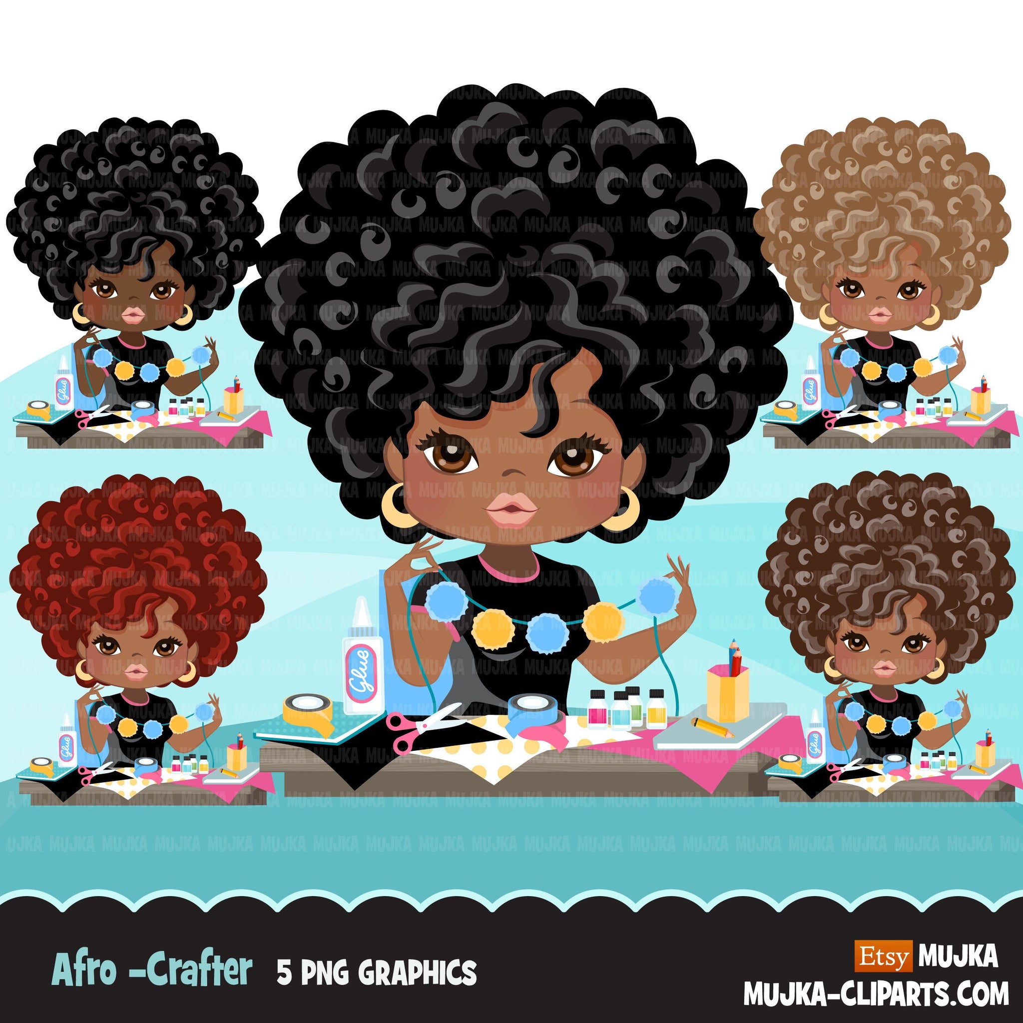 Clipart de avatar de artesã afro negra com gráficos de scrapbooking Menina afro-americana, imprimir e cortar designs de camisetas, clipart de meninas negras