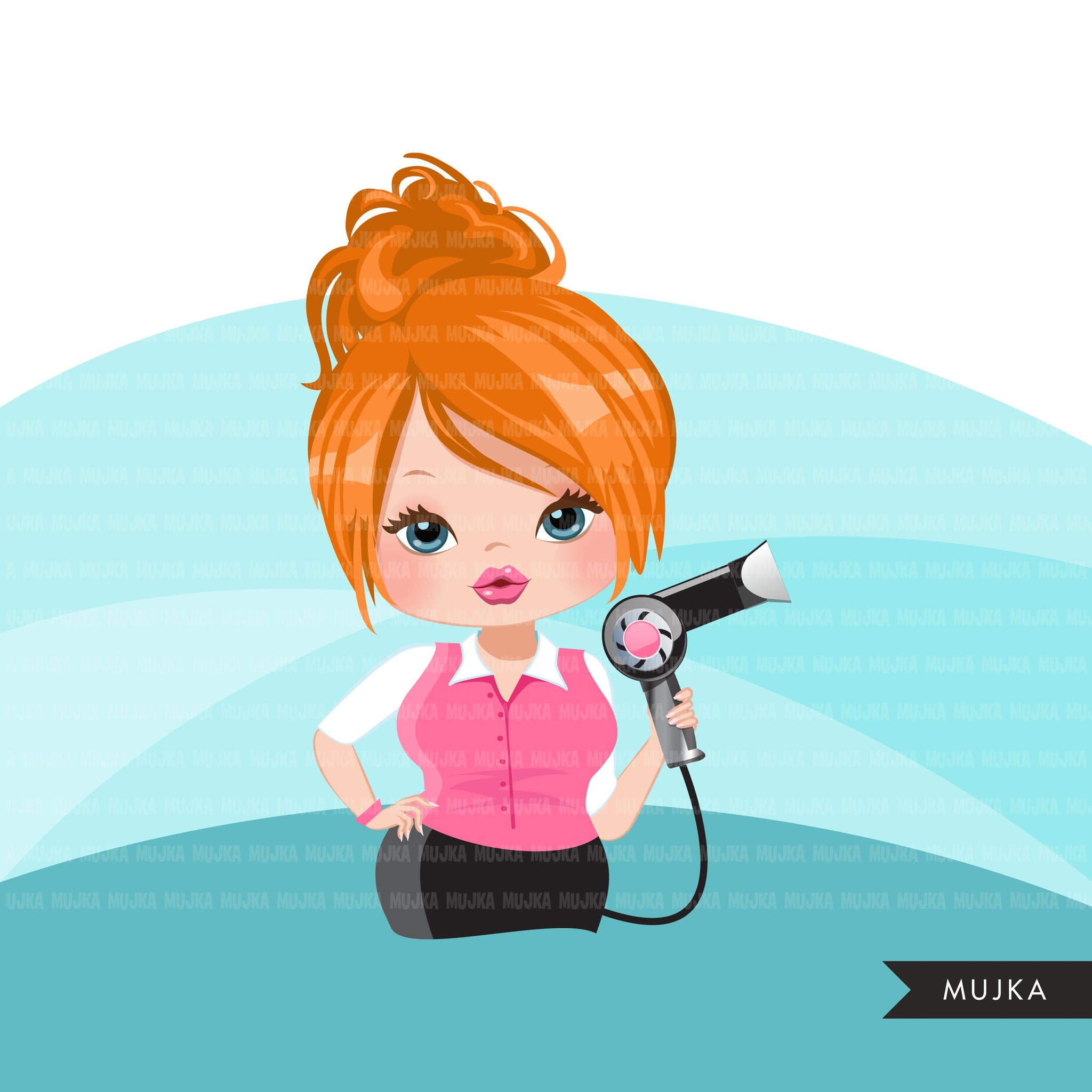 Hair stylist woman clipart avatar with hairdryer, print and cut, shop logo boss hairdresser clip art graphics