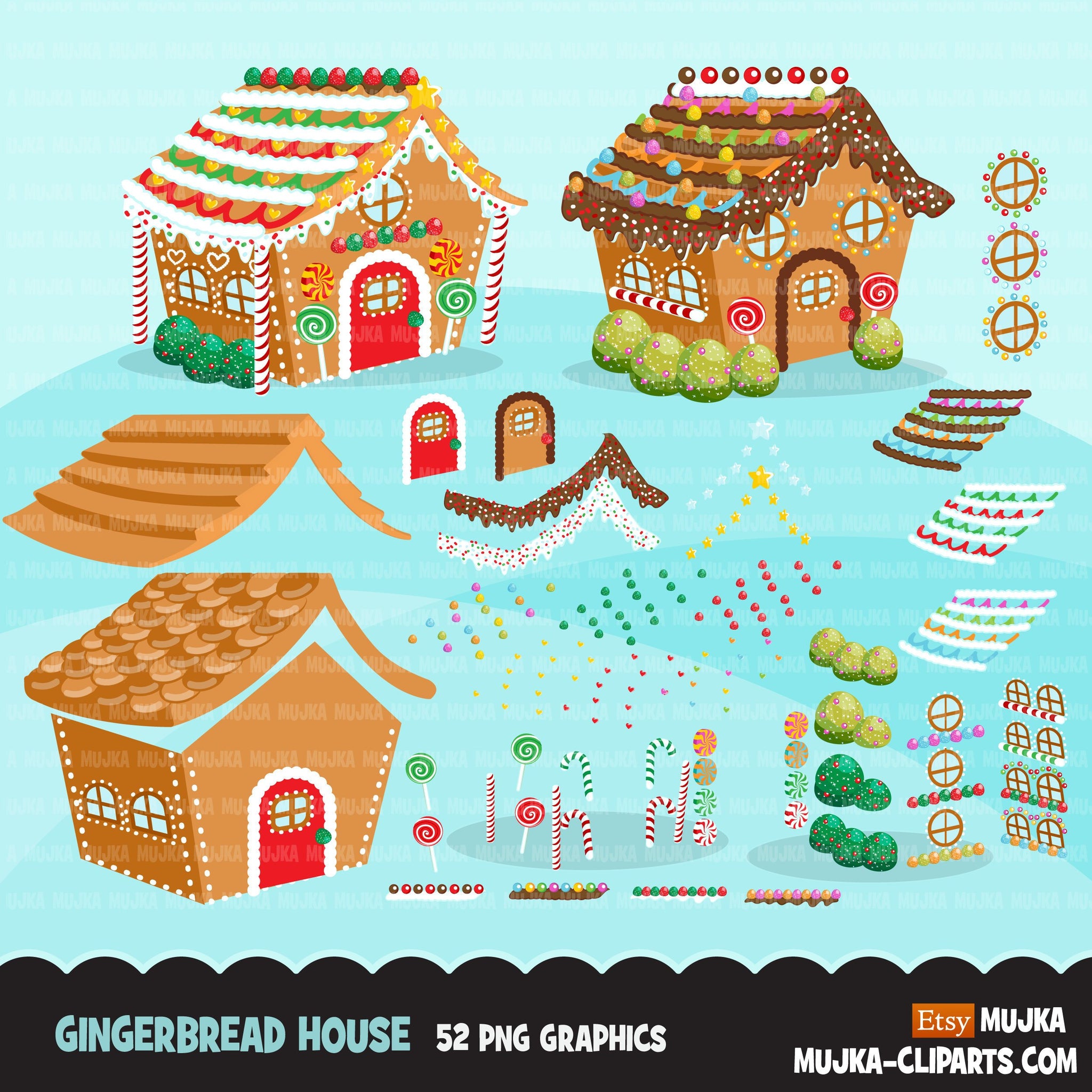 Christmas Gingerbread house creator clipart, Make your own gingerbread home with accessories, commercial use graphics clip art