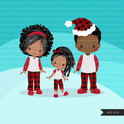 Christmas Pajama Black family clipart, portraits, mom, dad, grandparents, baby, kids afro family graphics, plaid commercial use PNG