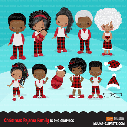 Christmas Pajama Black family clipart, portraits, mom, dad, grandparents, baby, kids afro family graphics, plaid commercial use PNG