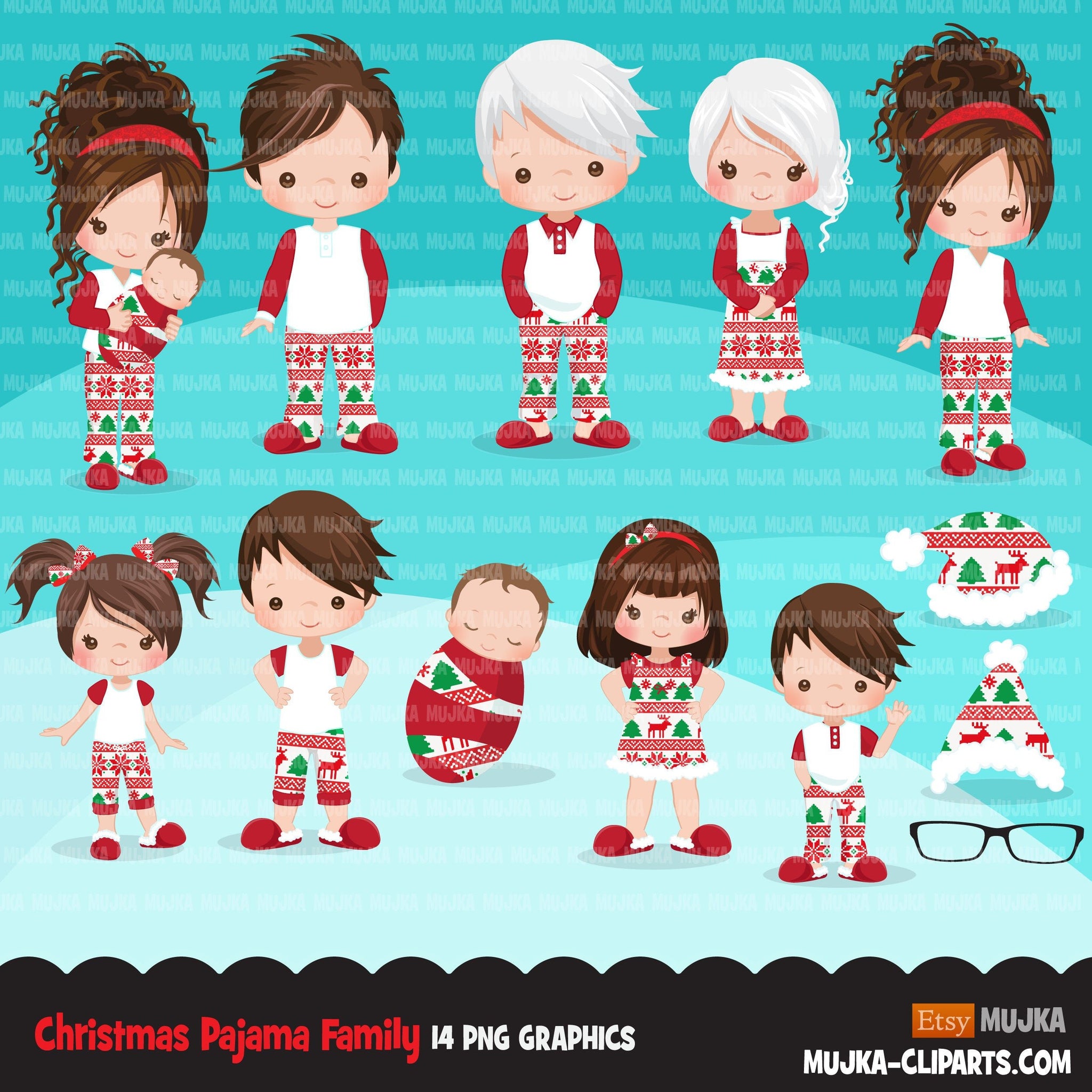 Christmas Pajama family clipart, portraits, mom, dad, grandparents, ba –  MUJKA CLIPARTS