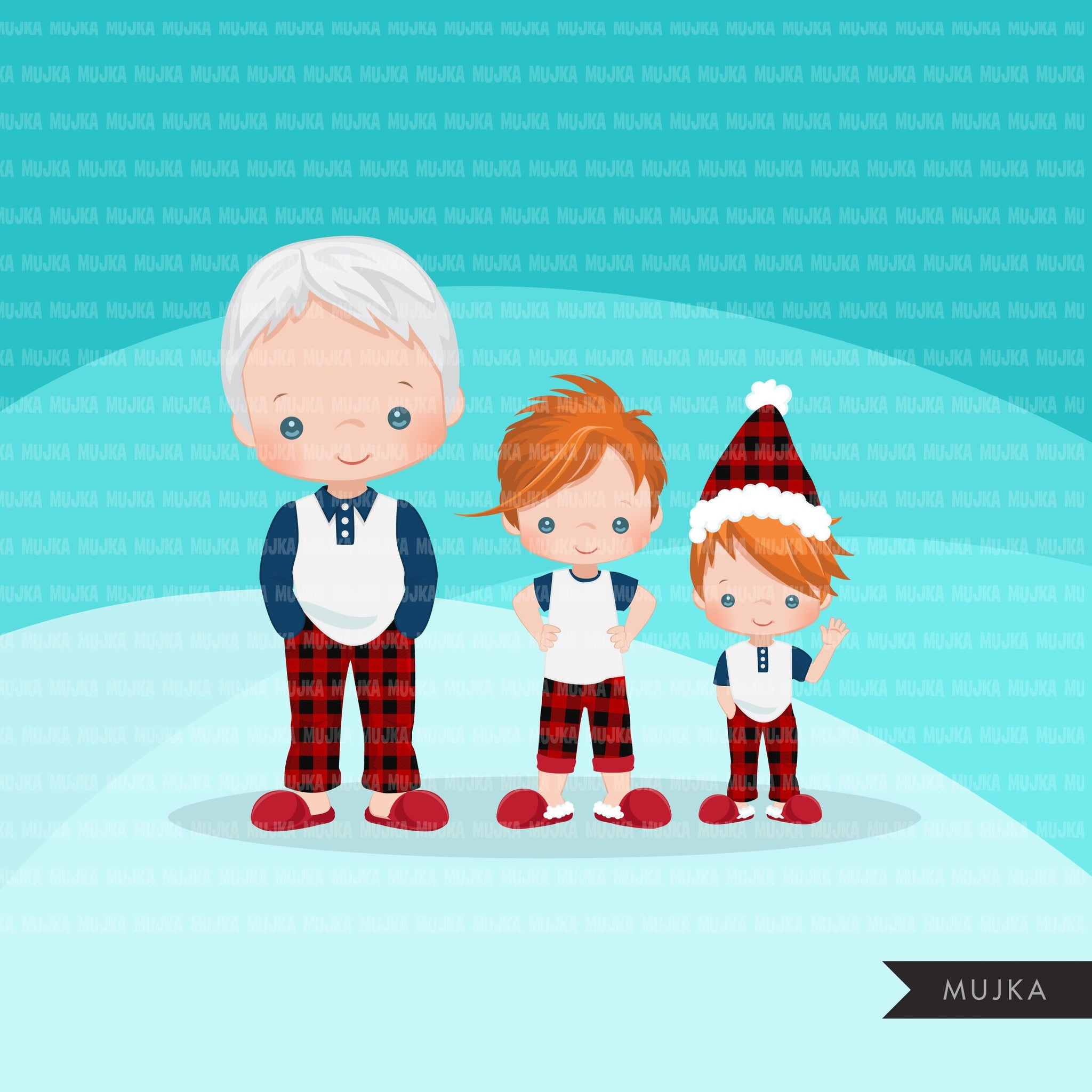 Christmas Pajama family clipart, portraits, mom, dad, grandparents, baby, kids red head graphics, commercial use PNG