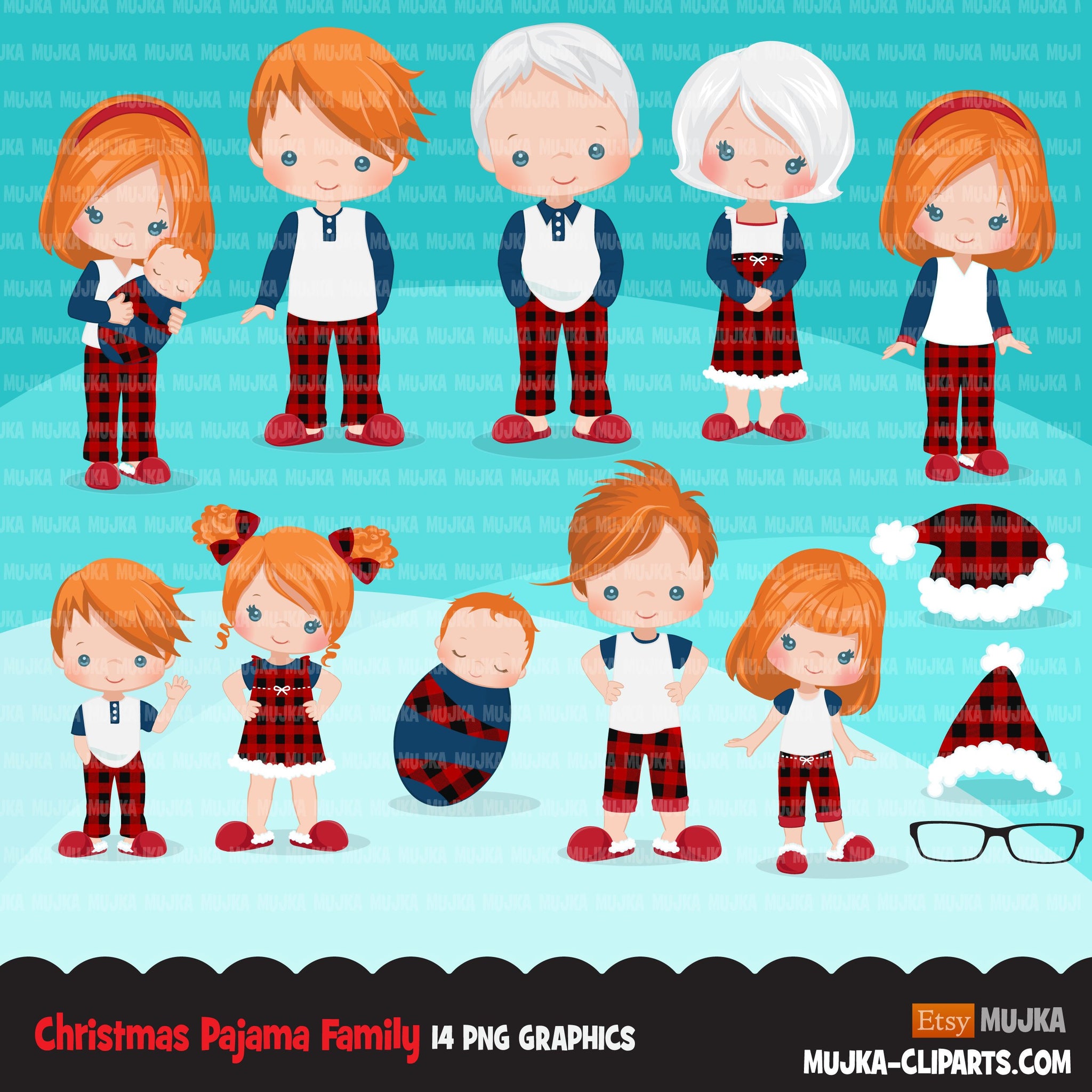 Christmas Pajama family clipart, portraits, mom, dad, grandparents, baby, kids red head graphics, commercial use PNG