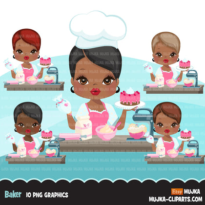 Afro Woman baker avatar clipart with baking supplies, print and cut, baking black girl clip art