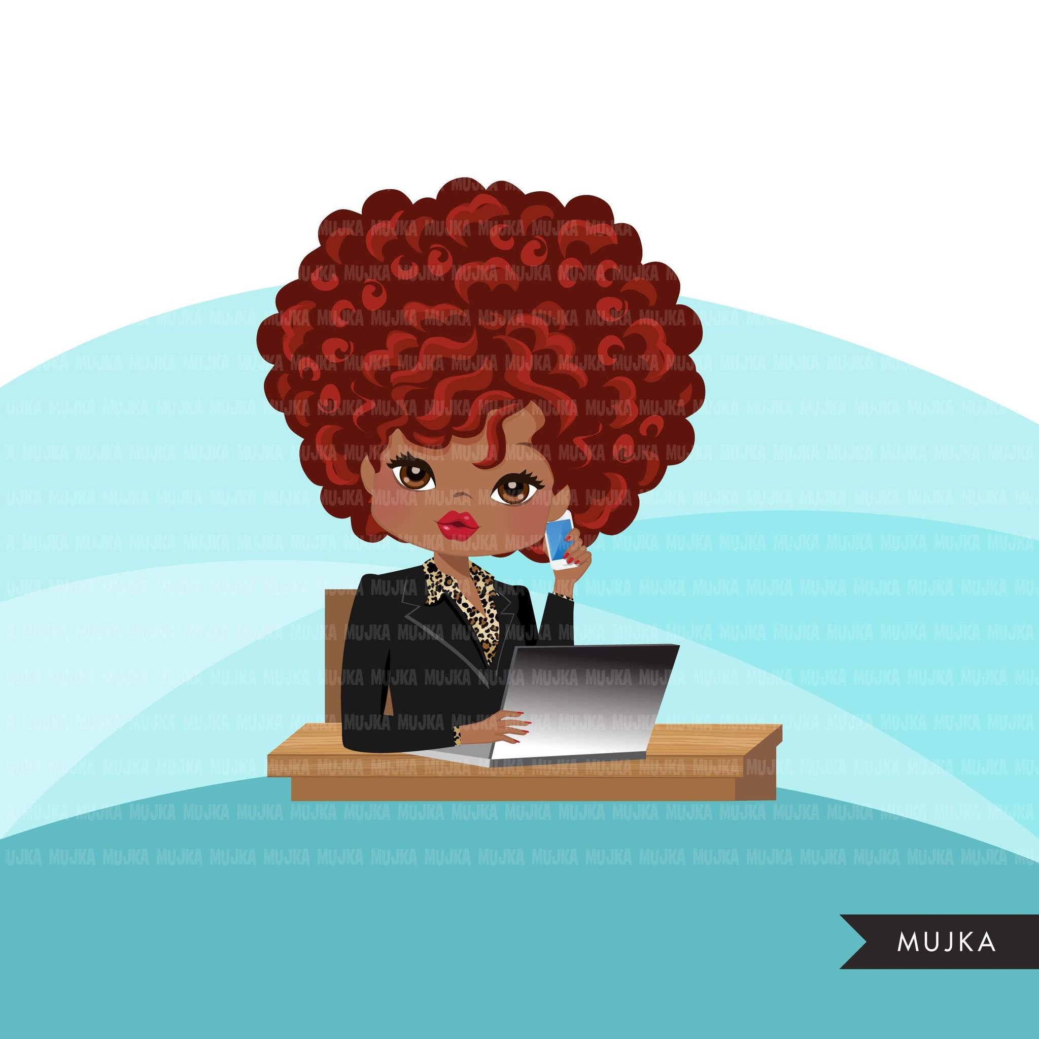 Afro Woman business avatar clipart with laptop and cellphone, print and cut, business boss black girl clip art