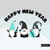 Gnome Clipart, happy New year graphics, celebrating gnomes, balloons, champagne png commercial use teal black