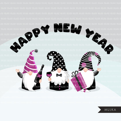 Gnome Clipart, happy New year graphics, celebrating gnomes, balloons, champagne png commercial use purple black