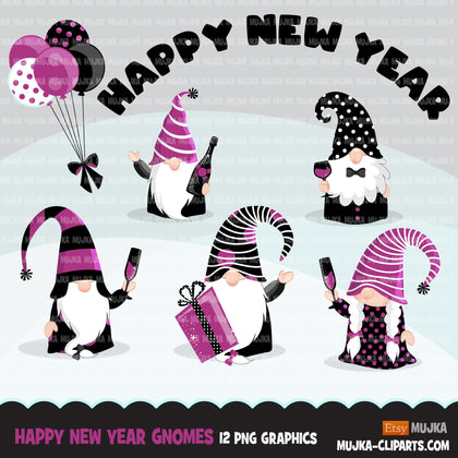 Gnome Clipart, happy New year graphics, celebrating gnomes, balloons, champagne png commercial use purple black