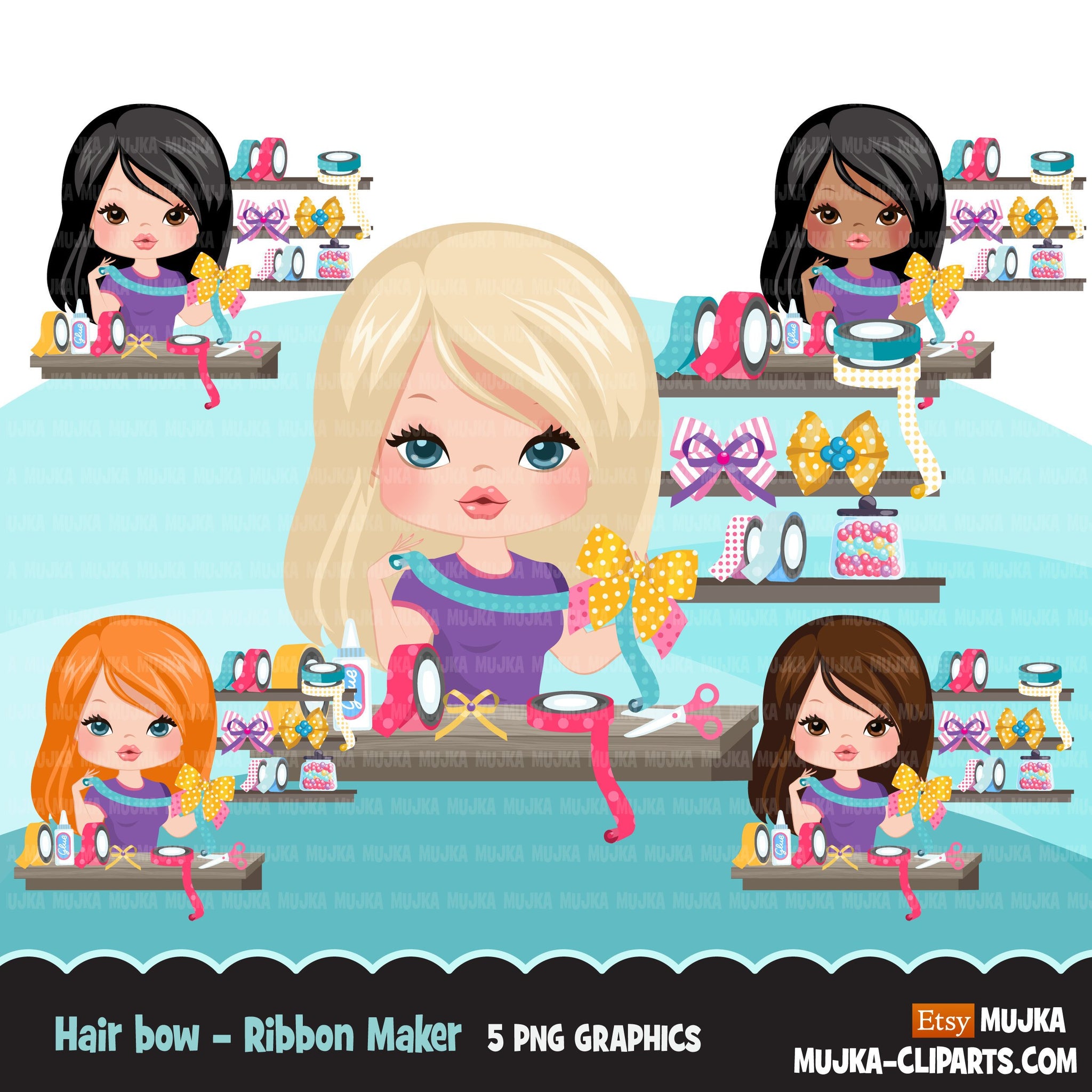 Woman hair bow maker avatar clipart with ribbons, print and cut, bow maker boss girl clip art