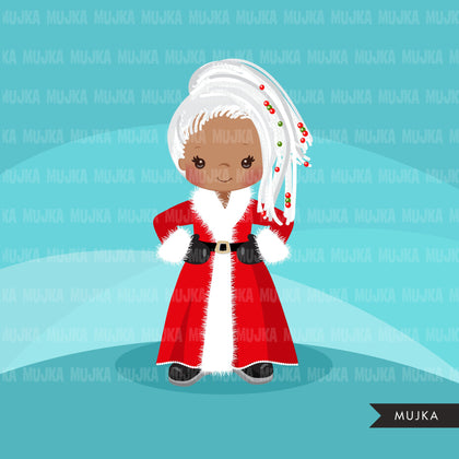 Black Mrs Santa Clipart, Christmas Graphics, Santa's wife, noel illustrations, scrapbooking, commercial use Holiday graphics