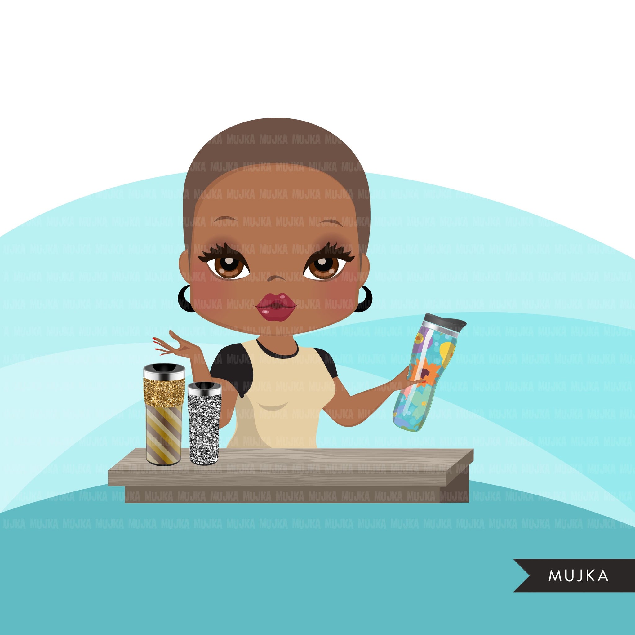 Afro Woman tumbler designer avatar clipart with glitter tumblers, print and cut, crafty maker boss black girl clip art