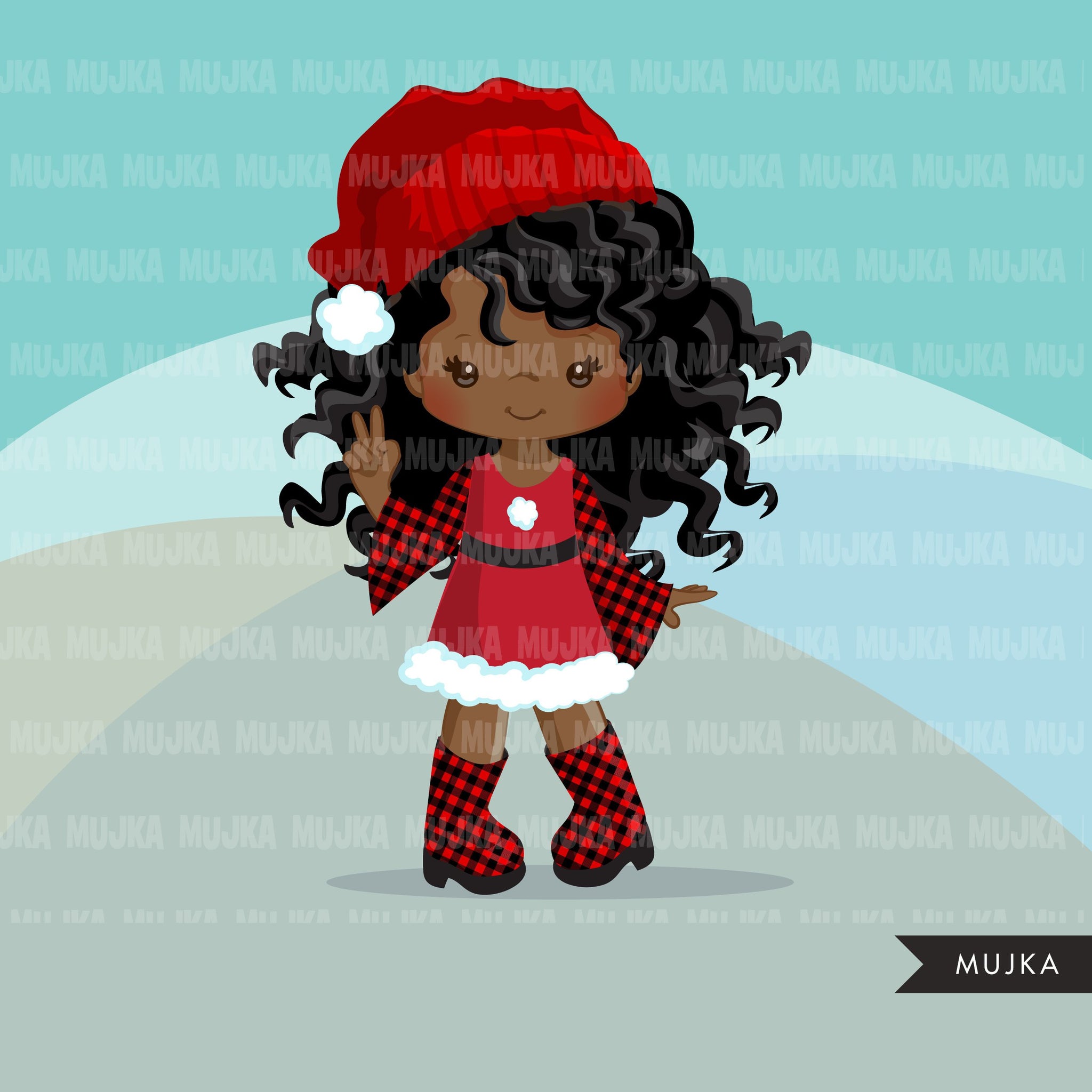 Christmas clipart, Santa little black girls with plaid dress, commercial use graphics, afro plaid