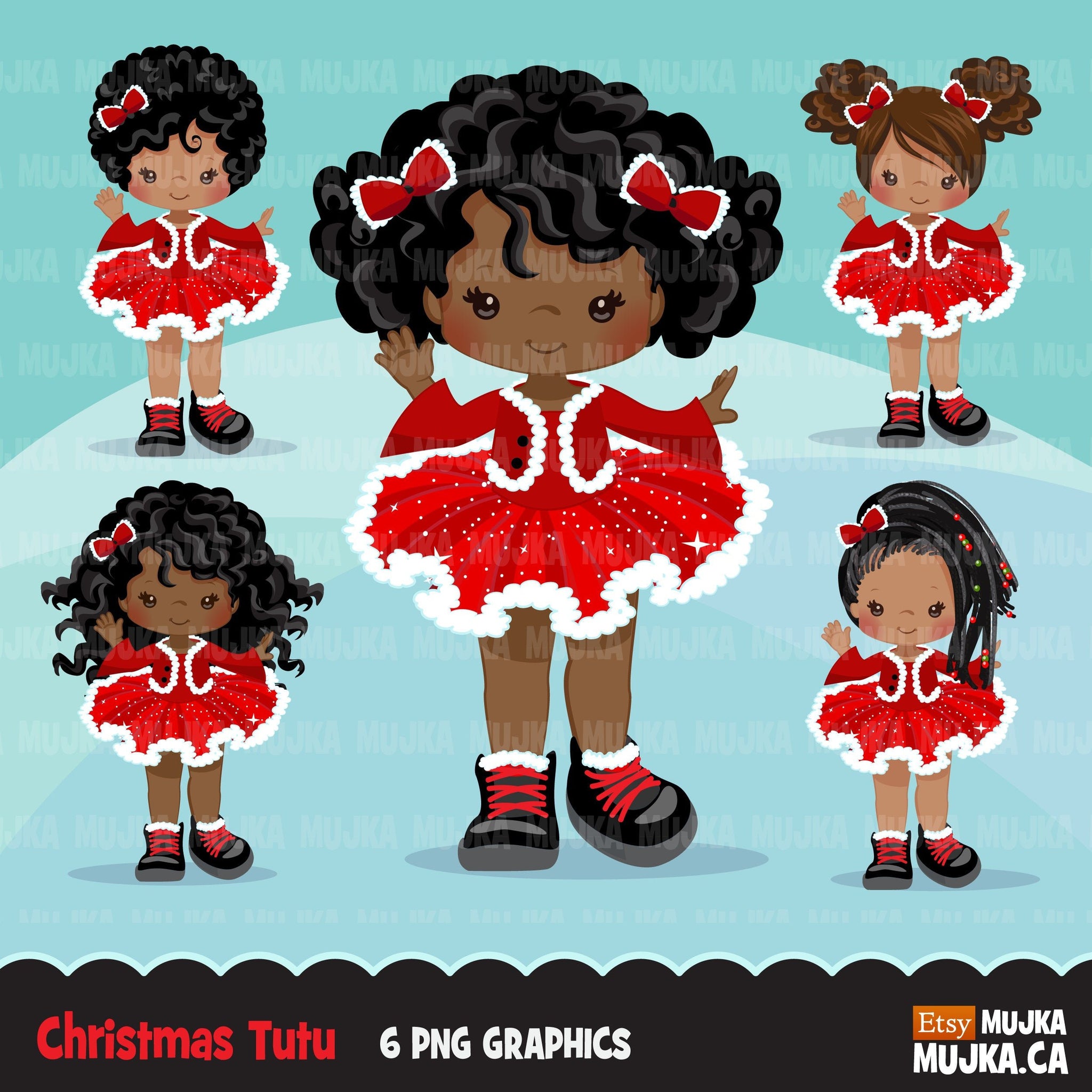 Christmas tutu clipart, Santa Black girls with tutu dress, commercial use graphics, afro christmas clip art